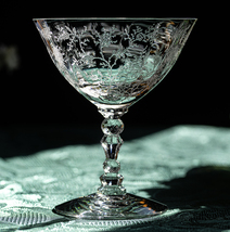 1940年代 フォストリア クリスタル チンツ エッチング シャンパン カクテルグラス 酒 バーグラス ビンテージ アンティーク_画像1