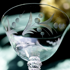 1938年～ フォストリア クリスタル シンシア エッチング シャンパン カクテルグラス 2個 フラワー 酒 バーグラス ビンテージ アンティークの画像2