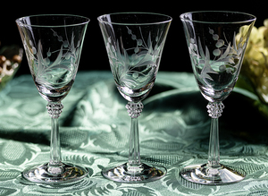 1938年～ フォストリア クリスタル シンシア エッチング クラレット シャンパン ワイングラス 3個 酒 バーグラス ビンテージ アンティーク