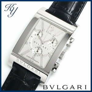 1円～ 3ヵ月保証付き 磨き済み 美品 本物 定番 人気 BVLGARI ブルガリ レッタンゴロ RTC49S クロノグラフ シルバー 革ベルト メンズ 時計