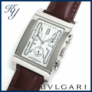 1円～ 3ヵ月保証付き 磨き済み 美品 本物 定番 人気 BVLGARI ブルガリ レッタンゴロ RTC49S クロノグラフ ホワイト 革ベルト メンズ 時計