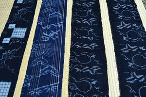 古布　山陰絵絣　ハギレ4枚　半幅 　松に鶴、瓢箪、寿、竹文様　枯れ藍　アート　リメイク　創作材料　手織り木綿