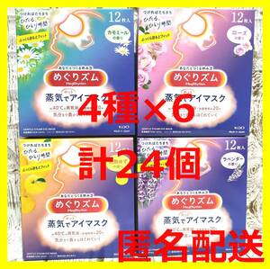 【匿名配送】24枚★めぐりズム蒸気でホットアイマスク 完熟ゆず・ローズ・ラベンダー・カモミール 4種×6枚＝計24枚【送料無料】