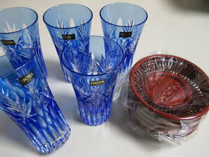 R6 01★HOYA CRYSTAL 青被せ切子『一口ビールグラス5客・茶托5客』ホヤクリスタル　タンブラーグラス