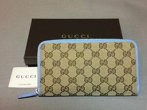 新品 本物 グッチ ラウンド ファスナー GG キャンバス レザー 長財布 GUCCI ロゴ 革 ブルー 青 水色 ブラウン 財布