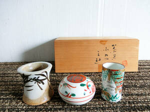 ●茶具 小物 三種 共箱 赤絵香合 京焼 巾筒　蓋置 茶道具 