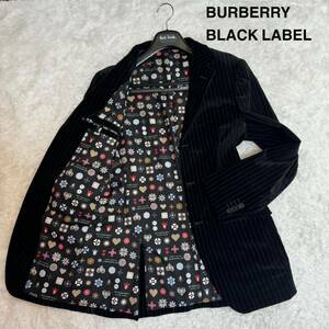 1円〜【美品】バーバリーブラックレーベル BURBERRY ベロアストライプ テーラードジャケット XL モノグラム裏地 美シルエット 黒極希少