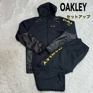 1円〜 OAKLEY オークリー ビッグロゴプリント ナイロン ジャージ ウィンドブレーカー 上下 セットアップ ブラック ブラック 黒 上XL 下XL