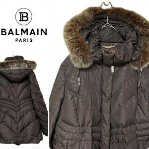 最高級★ダウン95%★バルマン BALMAIN★ダウンコート レディースL★ダウンジャケット リアルファー ブラウン 豹柄 アウター レオパード