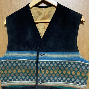 L Leather Vest｜豚革切替ベスト ブラック ネイティブ柄 難有り
