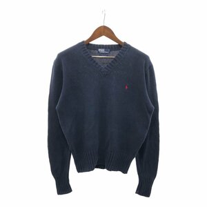 90年代 Polo by Ralph Lauren ポロ ラルフローレン コットン ニット Vネック セーター カジュアル ネイビー (メンズ M) 中古 古着 P5187