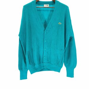 SALE///// 80年代 LACOSTE ラコステ アクリルカーディガン 刺繍 無地 グリーン (メンズ XL) 中古 古着 P4601