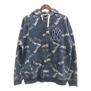 MLB Stitches ニューヨーク・ヤンキース 総柄 フルジップ パーカー プロチーム ネイビー (メンズ XL) 中古 古着 P6881