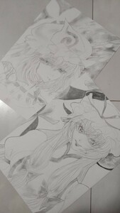 直筆鉛筆画 東方Project 八雲紫 西行寺幽々子 二枚セット一黙