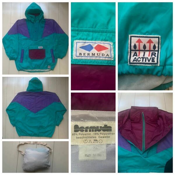 送料無料 80s 90s vintage made in italy イタリア製 bermuda ナイロン マウンテン anorak アノラック パーカー ジャケット ターコイズ XL