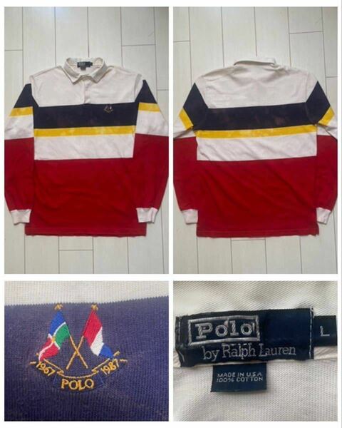 送料無料 80s USA製 1987 POLO ラルフローレン Cross Flag クロスフラッグ ラガー シャツ vintage ヴィンテージ SPORT COUNTRY RRL 1992 XL