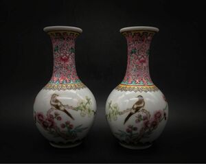 中国美術 花瓶 中國景德鎮製　花鳥紋樣　詩文ミニ花瓶