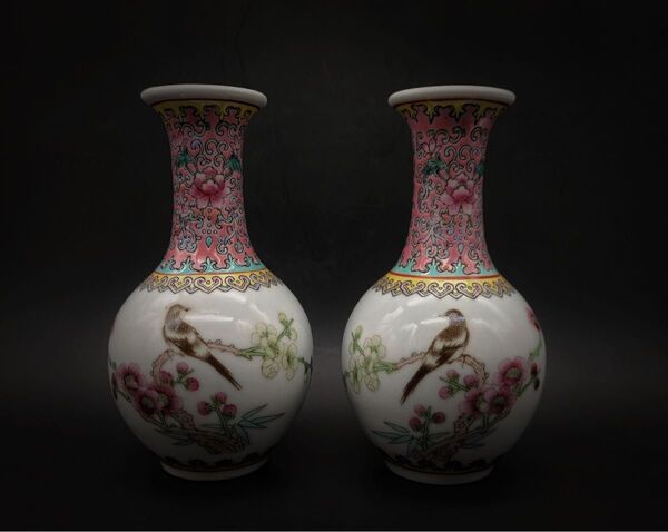 中国美術 中國景德鎮製 花鳥紋樣 詩文 ミニ花瓶2点
