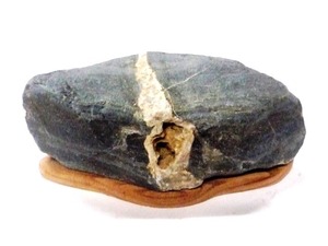 伊勢市横輪川産、晶腺を有する白色脈の貫入した握りこぶし大の「緑色岩の転石礫の置物石」