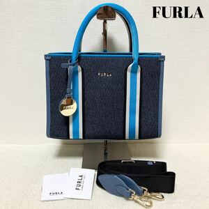 極美品 FURLA AFRODITE フルラ アフロディーテ 2wayバッグ ハンド ショルダー ネイビー ブルー 紺青 デニム レザー