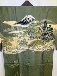 長襦袢　正絹　金彩　男性用　富士山　風景　緑色地　着物　和服　和装　着物コーデ　リメイク　アンティーク　レトロ　衣装　百貨店　高級