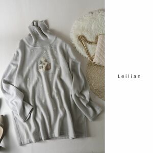 レリアン Leilian☆大きいサイズ☆カシミヤ100% キャットデザイン タートルニット 13+サイズ 日本製☆A-O 0346