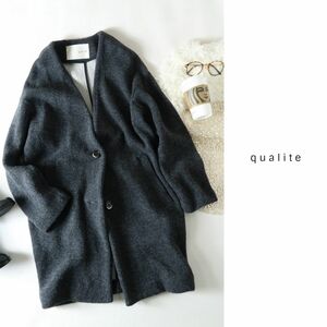 カリテ qualite☆接結ニット ウールコーディガン フリーサイズ 日本製☆A-O 0698