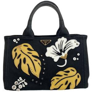 希少! PRADA CANAPA HAWAII ハワイ限定 カナパ 三角プレート スタッズ トート ハンド バッグ フラワー キャンバス ブラック ハイビスカスの画像1