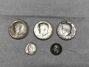 ・1スタ アメリカ 50セント銀貨 1964年x4枚 リバティコイン ケネディ大統領/おまけ 1ダイム 1960&1964年 地金 シルバー 銀貨 海外 保管品