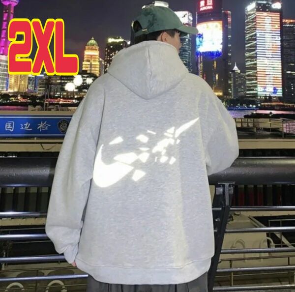 韓国 ストリート メンズ 光る ロゴ フードパーカー 長袖 グレー L~XL