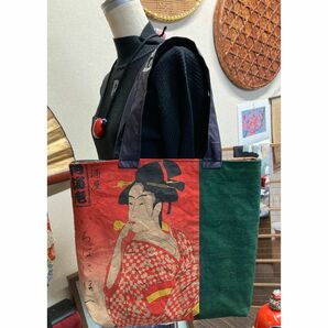 芸者さん柄の柿渋染めトートバッグ　　　　　ハンドメイド