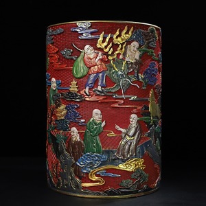 【古寶奇蔵】漆器漆彫・彩繪・十八羅漢紋・筆筒・置物・賞物・中国時代美術