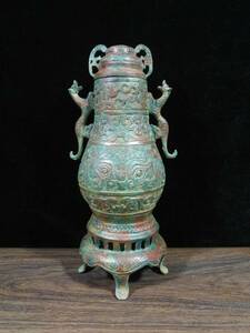 【古寶奇蔵】商周・青銅製・雙龍壺・置物・賞物・中国時代美術