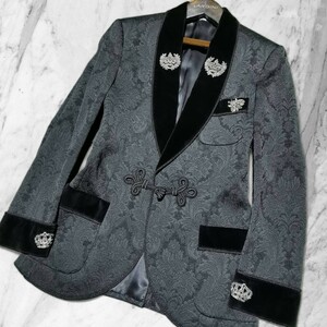 最高峰モデル!!!【ドルチェ&ガッバーナ Tailored by DOLCE&GABBANA】豪華!!(王冠 蜂)ワッペン 贅沢!!花総柄 ベロア テーラードジャケット L