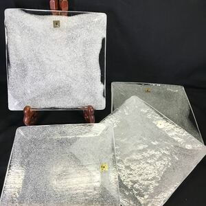 2651 未使用 IWATA GLASS クリア ガラス 角皿 4枚セット 25cm×25cm 大皿 四方 昭和レトロ 気泡