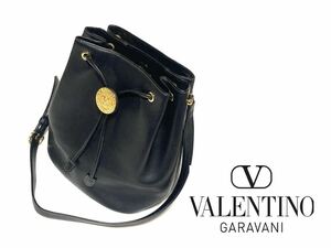 B5収納【VALENTINO GARAVANI ショルダーバッグ】巾着 ゴールドロゴ金具◆レザー 本革 ブラック◆バレンティノ ガラバーニ/ガラヴァーニ