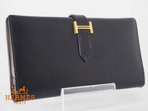 1円 美品 エルメス HERMES ベアン クラシック ボックスカーフ ゴールド金具 新型金具 □G 長財布 ブラック カーキ クリーニング済み