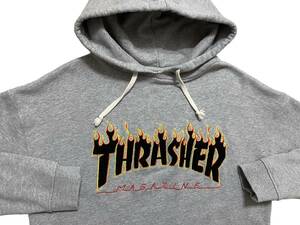 スラッシャー THRASHER パイル モコモコ フレイム 炎 ロゴ フード スウェットパーカー Lサイズ グレー