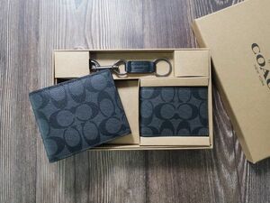 コーチ COACH アウトレット 二つ折り財布 メンズ PVC チャコール/ブラック F74993 名刺入れ付き キーホルダー付き 新品未使用