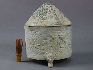 中国美術 漢緑釉 陽刻 香炉 高29,5cm 蓋物 博山炉 唐物 細密細工 古美術品[c32]