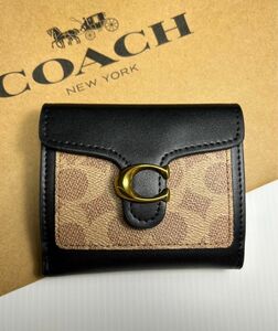 新品未使用　coachコーチ Cスナップブラックベージュシグネチャー　スモール二つ折り財布