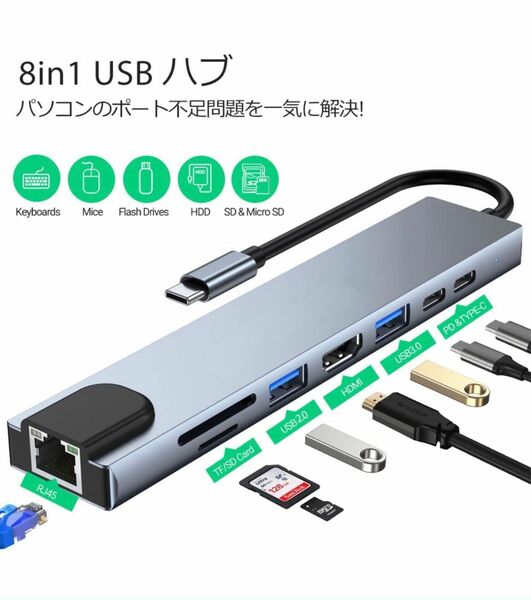 USB C ハブ アダプタ ８-in-1 Type-C USBハブ 4K HDMI出力 USB3.0 SD/TFカードリーダー