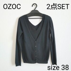 OZOC/2点セット/Vネック長袖ニットカーディガン&ニットタンクトップ/38サイズ/M/黒/オゾック/アンサンブル/ブラック