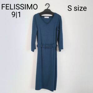 FELISSIMO/91/ウエストリボン Vネックニットワンピース/S/ブルー/七分袖/ロールアップ/フェリシモ/キュウノイチ