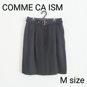 COMME CA ISM/ベルト付スカート/Mサイズ/黒/シンプル/ペチコート付き/コムサイズム/膝丈/ブラック
