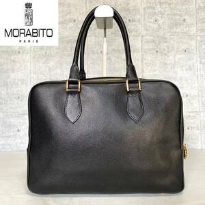 良品 MORABITO BLACK ブラック レザー ゴールド金具 モラビト スクエア ボストンバッグ 黒 ハンドバッグ トートバッグ ショルダー 