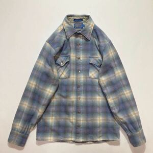 良好☆70s USA製 PENDLETON オンブレチェック ウエスタン ウールシャツ L TALL 水色 黄緑 ベージュ ビンテージ ペンドルトン