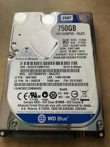 WesternDigital 1647時間 WD7500BPVX 2.5インチ 750GB 5400rpm 9mm厚 送料込価格で安心。