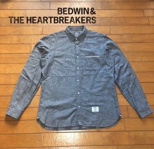 ★【 BEDWIN＆THE HEARTBREAKER 】★ ブラックシャンブレー セルビッチ ワークシャツ★サイズM程度★I-924
