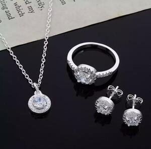 341★新品未使用★3点セット シルバー ネックレス ピアス リング czダイヤ s925 ジュエリー アクセサリー ストーン 結婚式 ドレス